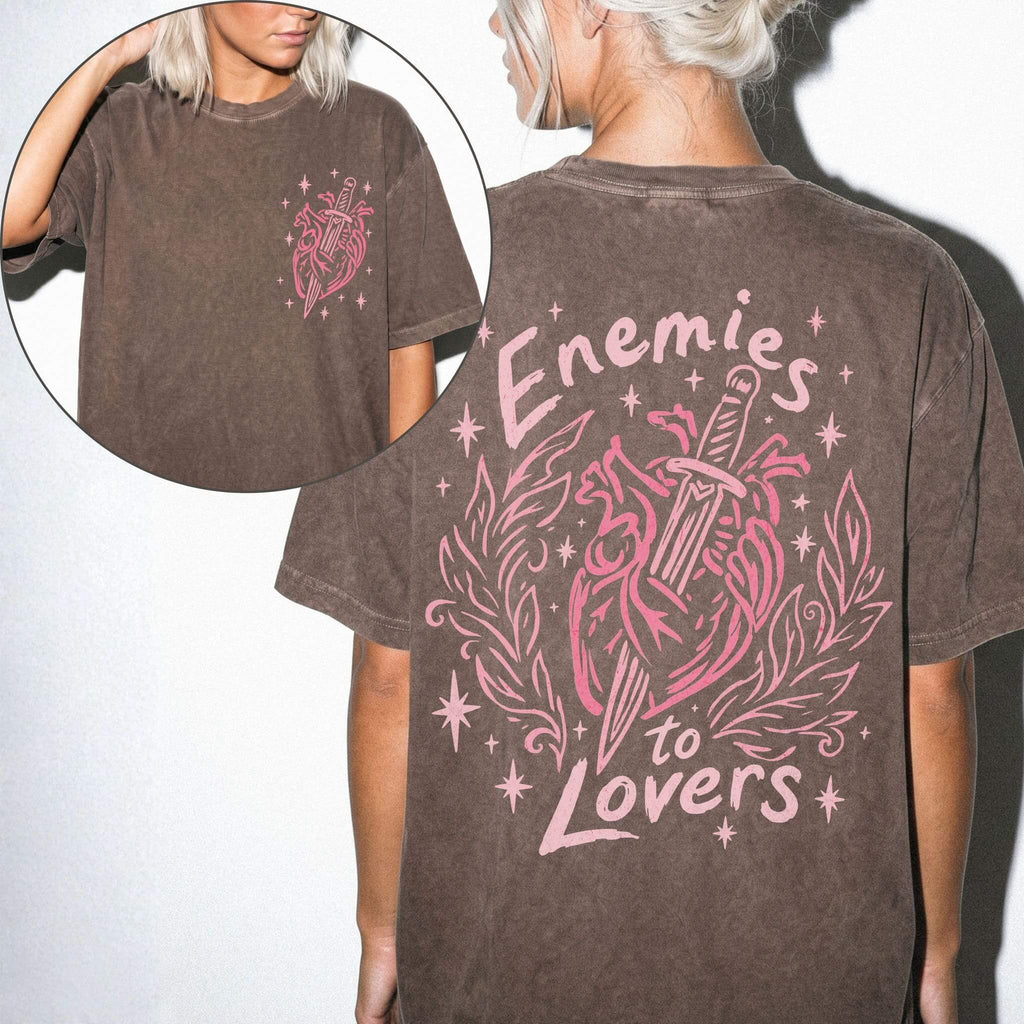 Espresso Comfort Colors 1717 relaxed fit tee with enemies to lovers heart and dagger graphic on front chest and back