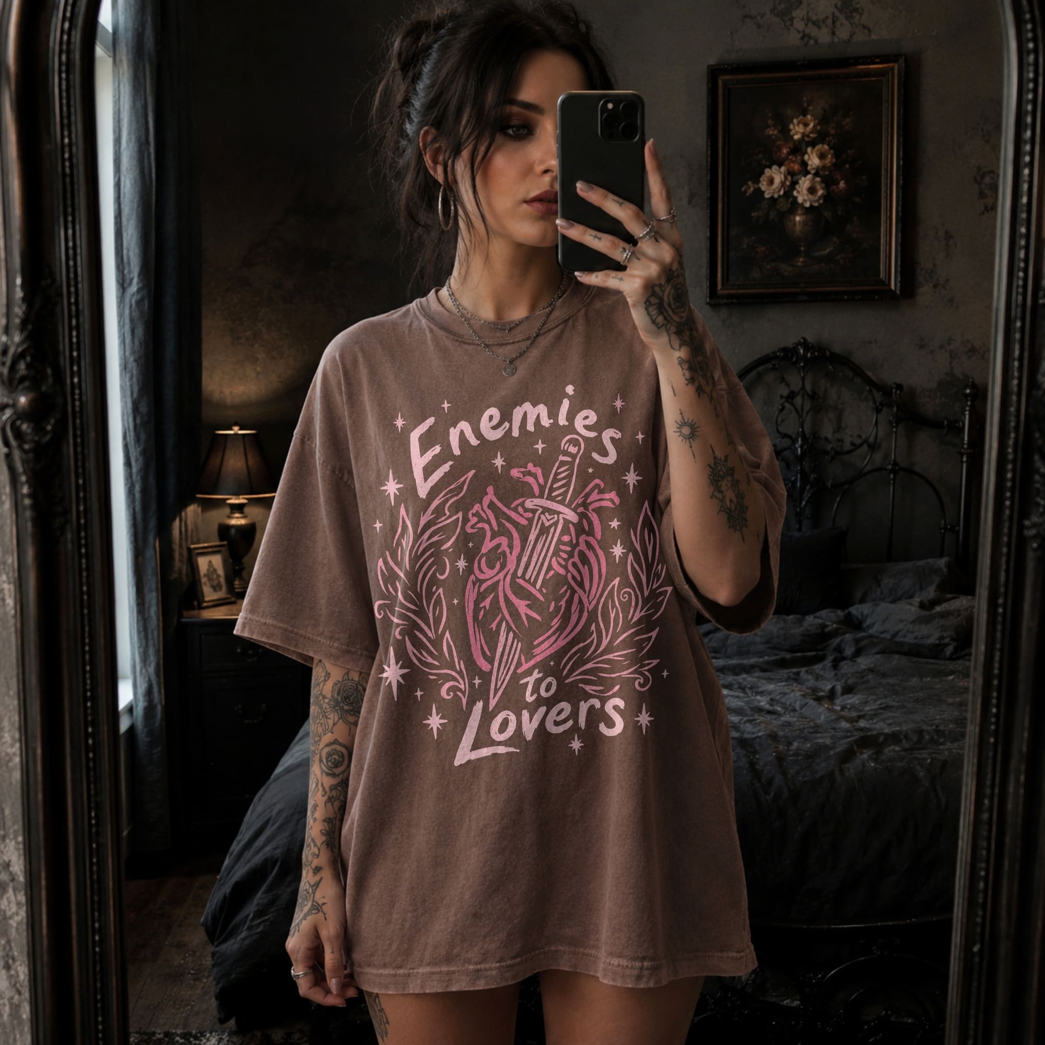 Espresso Comfort Colors 1717 relaxed fit tee with enemies to lovers heart and dagger front graphic