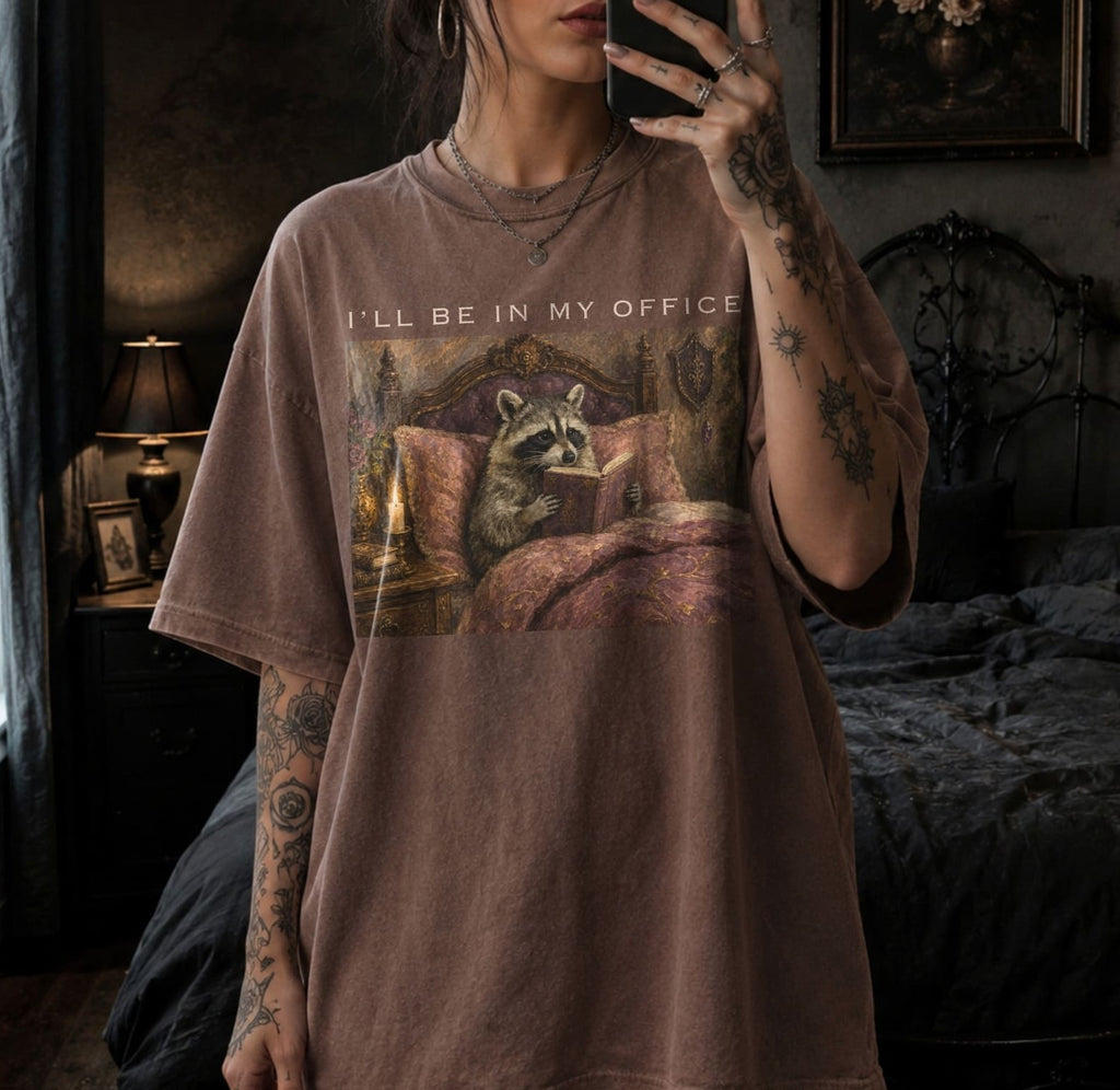 Espresso Comfort Colors 1717 relaxed fit tee with oil painting style raccoon reading in elegant bedroom and I'll Be In My Office text