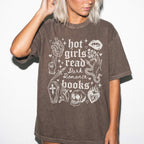 Hot Girls Read Dark Romance Books relaxed fit graphic tee in Espresso with gothic tattoo-style skull, snake, lips, and dagger print - Novelspun Apparel