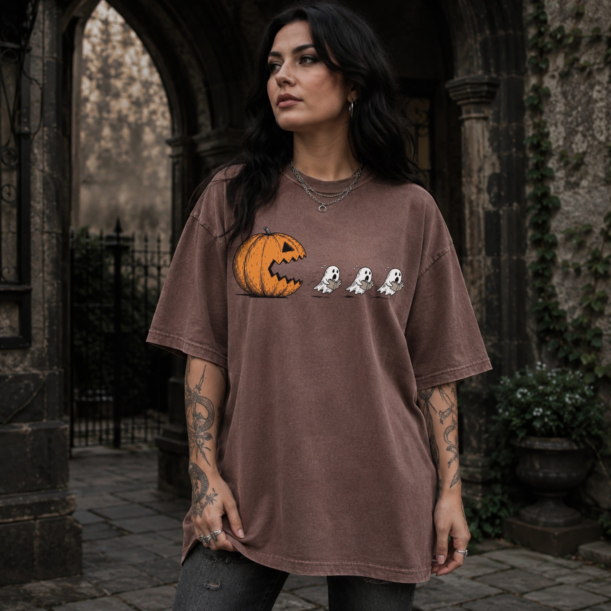 Espresso Comfort Colors 1717 relaxed fit tee with pumpkin chasing book ghosts Halloween bookish graphic — front