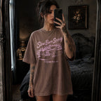 Espresso Comfort Colors 1717 relaxed fit tee with Slow Burn Society retro car flames dark romance graphic — front