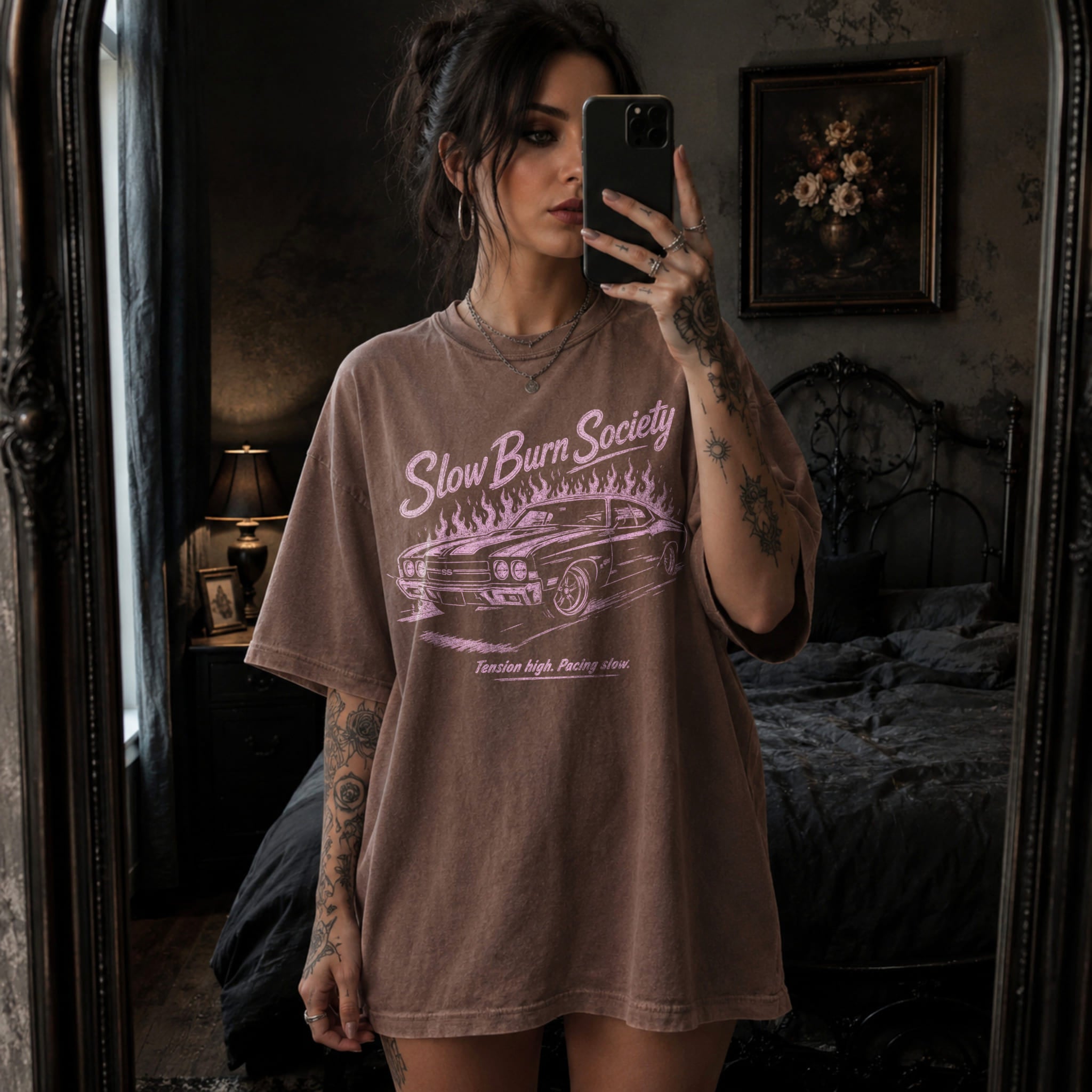 Espresso Comfort Colors 1717 relaxed fit tee with Slow Burn Society retro car flames dark romance graphic — front