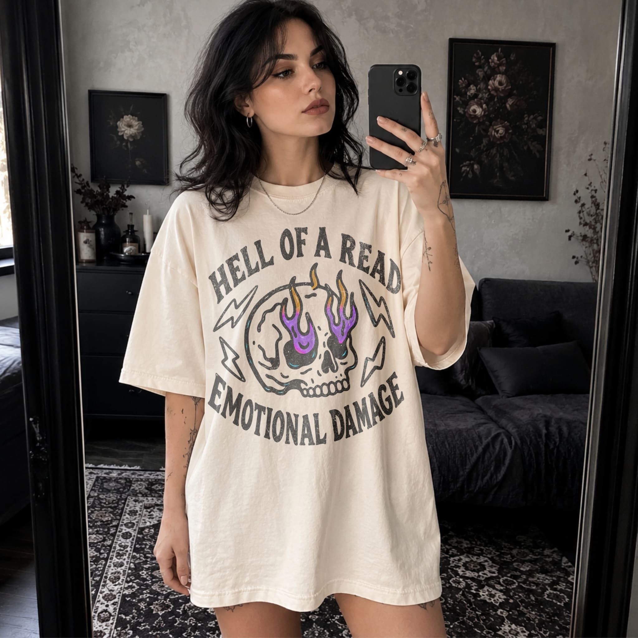 Ivory Comfort Colors 1717 relaxed fit tee with Hell of a Read Emotional Damage flaming skull dark romance graphic — front