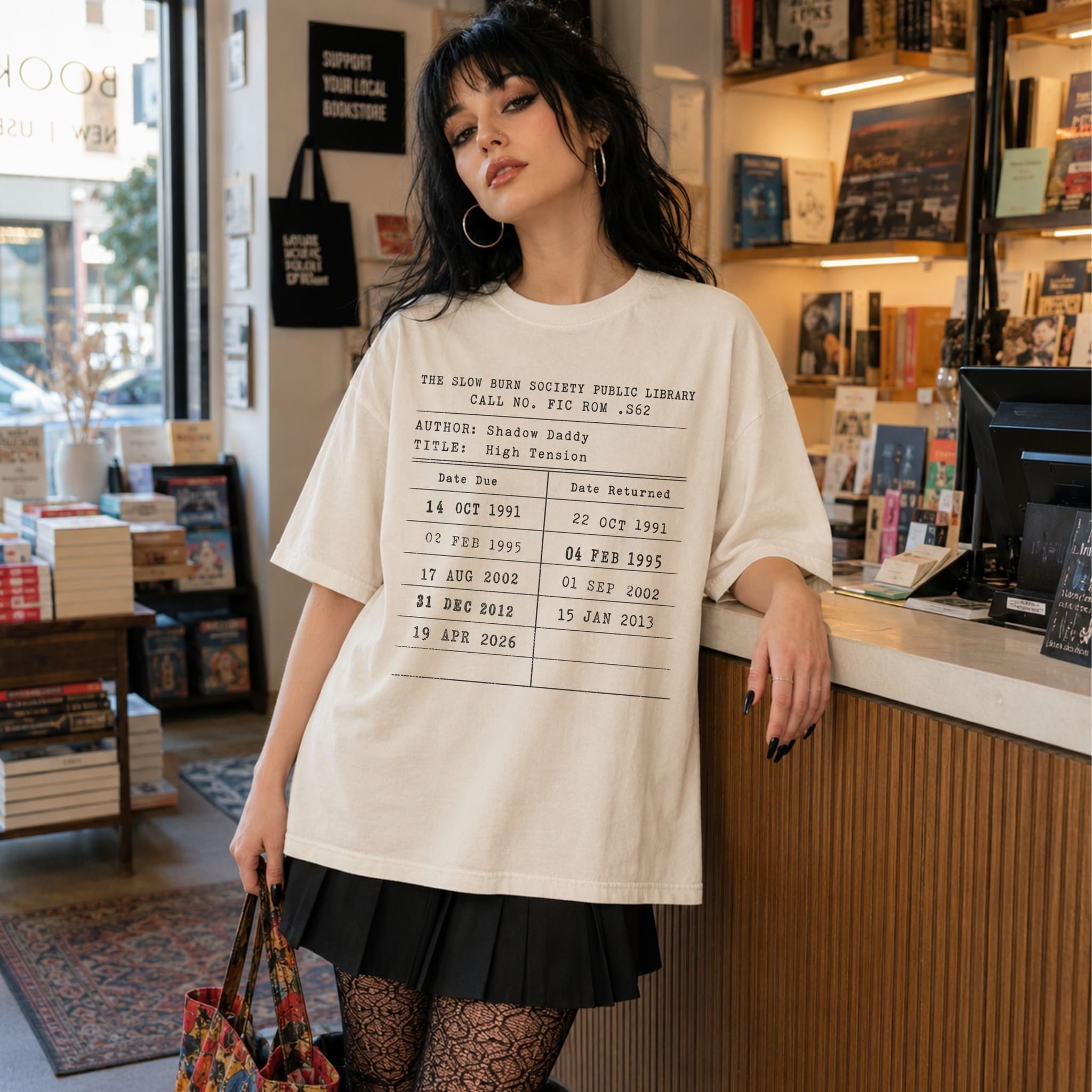 Ivory Comfort Colors 1717 relaxed fit tee with Slow Burn Society Public Library card dark romance bookish graphic