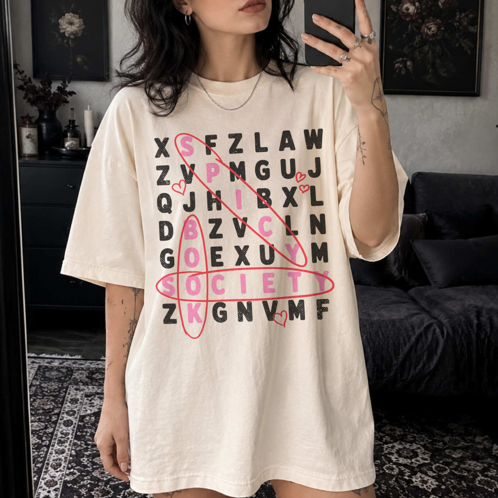 Ivory Comfort Colors 1717 relaxed fit tee with Spicy Book Society word search dark romance graphic — front