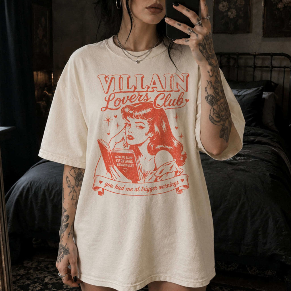 Ivory Comfort Colors 1717 relaxed fit tee with Villain Lovers Club retro dark romance graphic