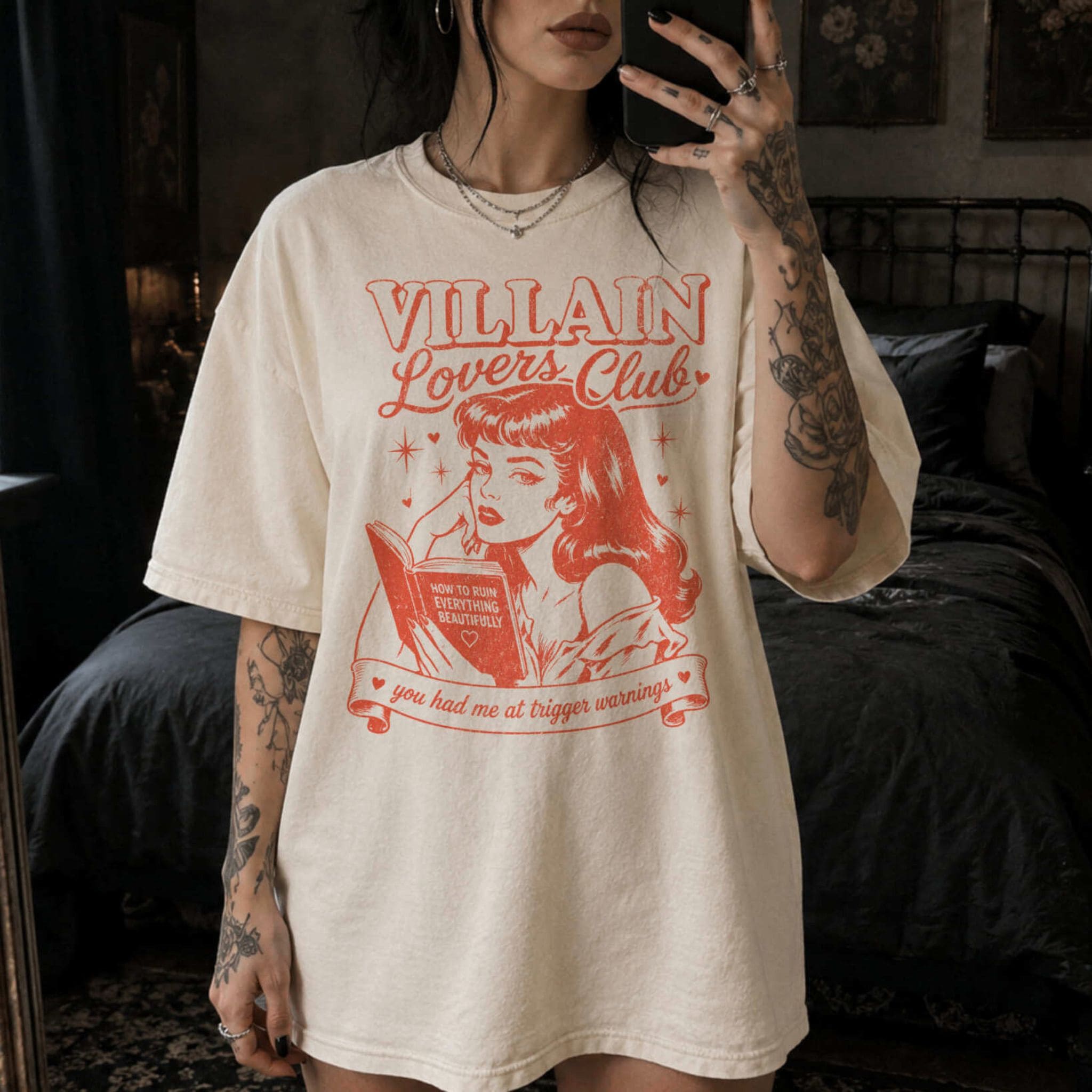 Ivory Comfort Colors 1717 relaxed fit tee with Villain Lovers Club retro dark romance graphic