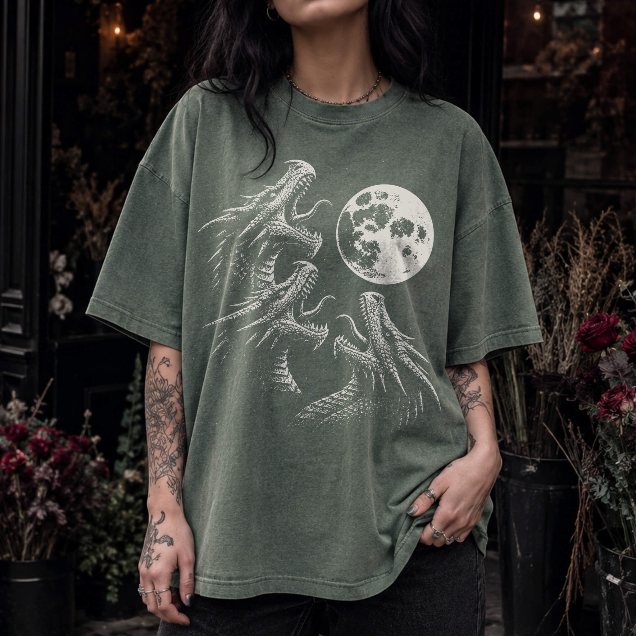Three Dragons Howling at the Moon Tee in Moss – vintage-style Comfort Colors graphic tee for fantasy and romantasy readers