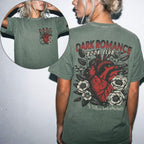 Moss Comfort Colors 1717 tee — Dark Romance Book Club front & back graphic with anatomical heart, flowers, and 'If Villain Bad, Why Hot?' — dark romance bookish apparel