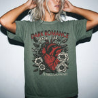 Moss Comfort Colors 1717 relaxed fit tee with Dark Romance Book Club anatomical heart floral graphic and if villain bad why hot text