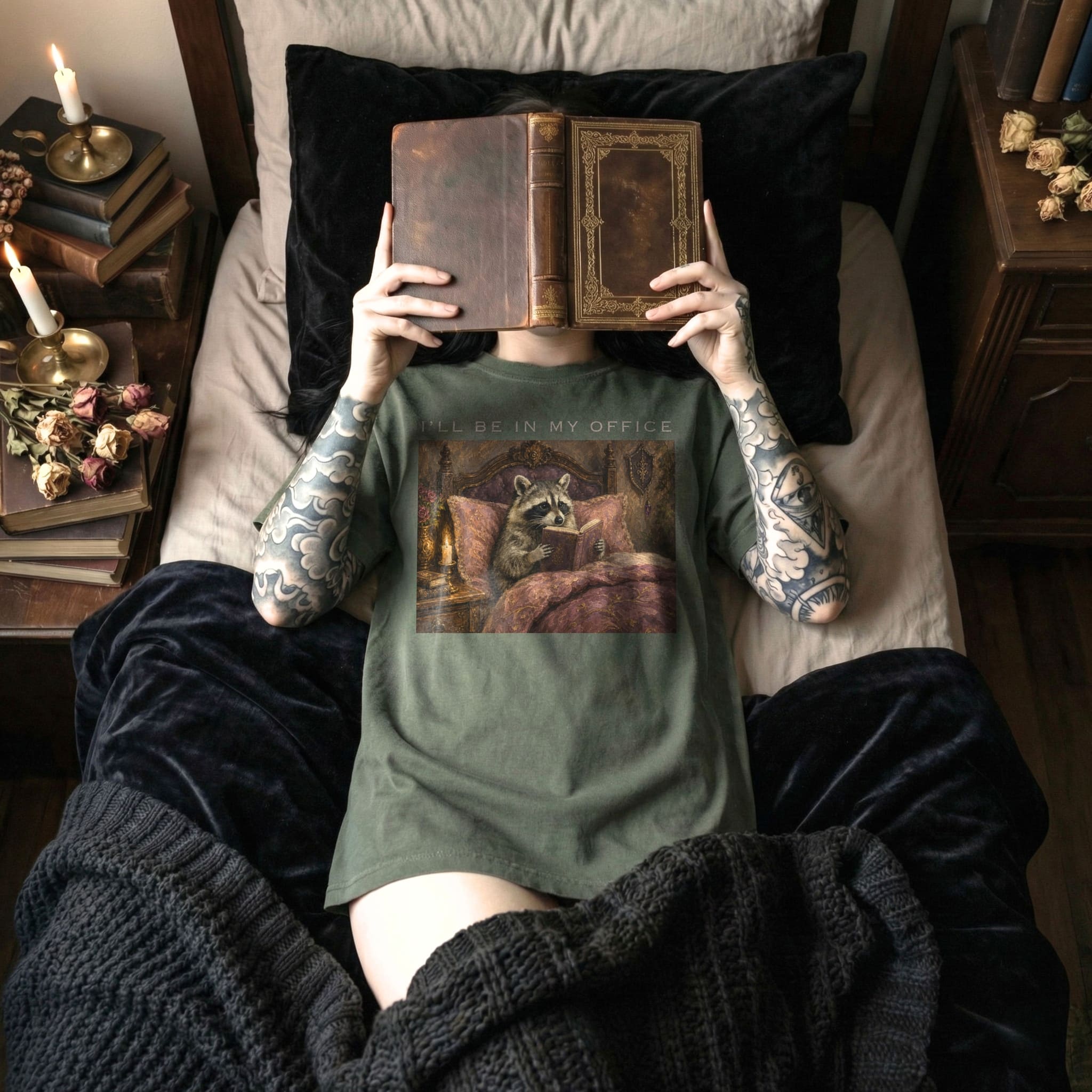 Moss Comfort Colors 1717 relaxed fit tee with oil painting style raccoon reading in elegant bedroom and I'll Be In My Office text