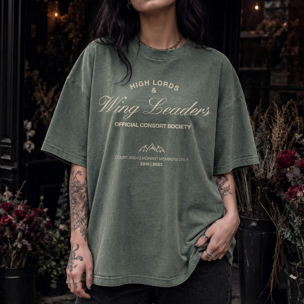High Lords & Wing Leaders Tee in Moss – vintage-style Comfort Colors romantasy graphic tee for fantasy readers