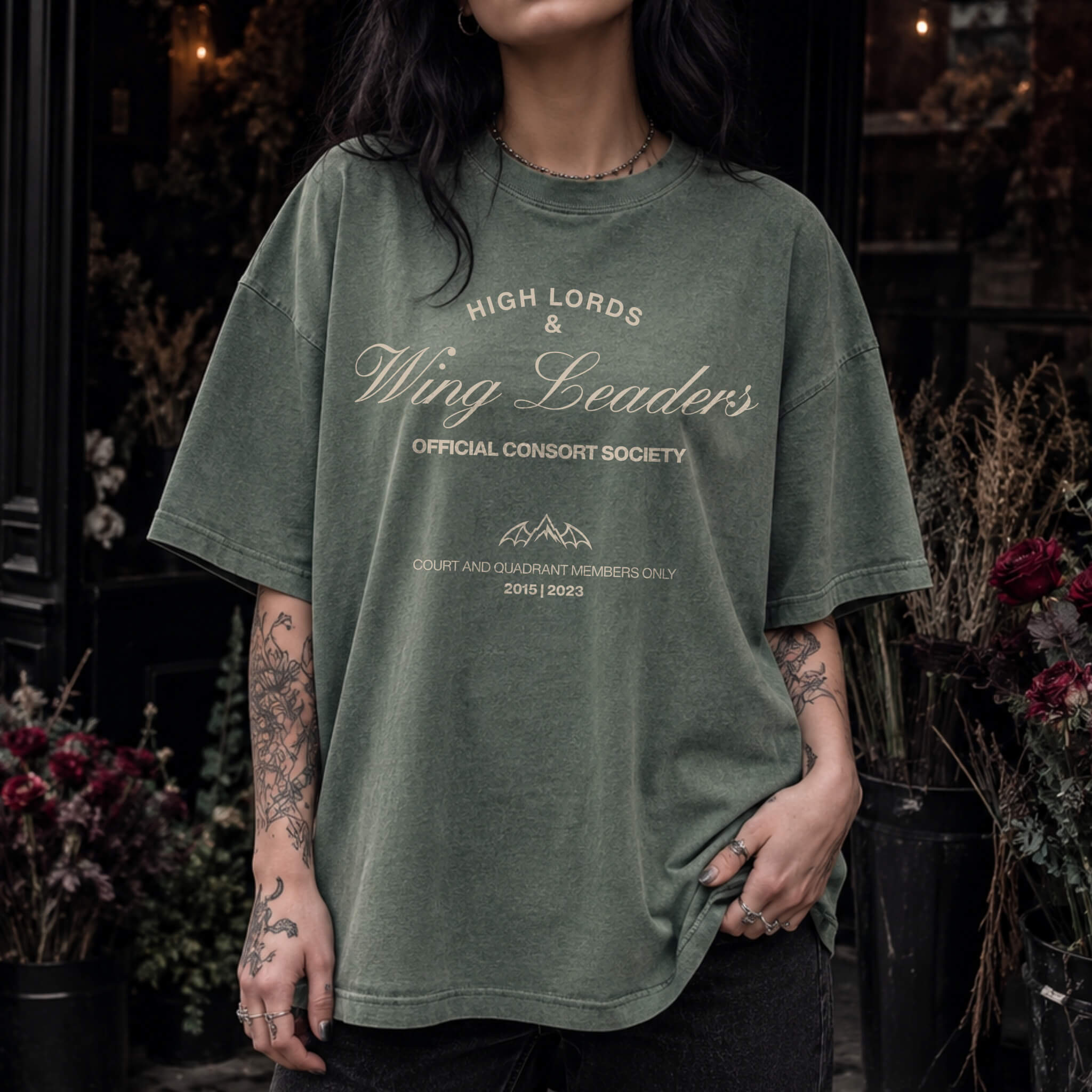 High Lords & Wing Leaders Tee in Moss – vintage-style Comfort Colors romantasy graphic tee for fantasy readers