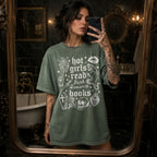 Hot Girls Read Dark Romance Books relaxed fit graphic tee in Moss with gothic tattoo-style skull, snake, lips, and dagger print - Novelspun Apparel