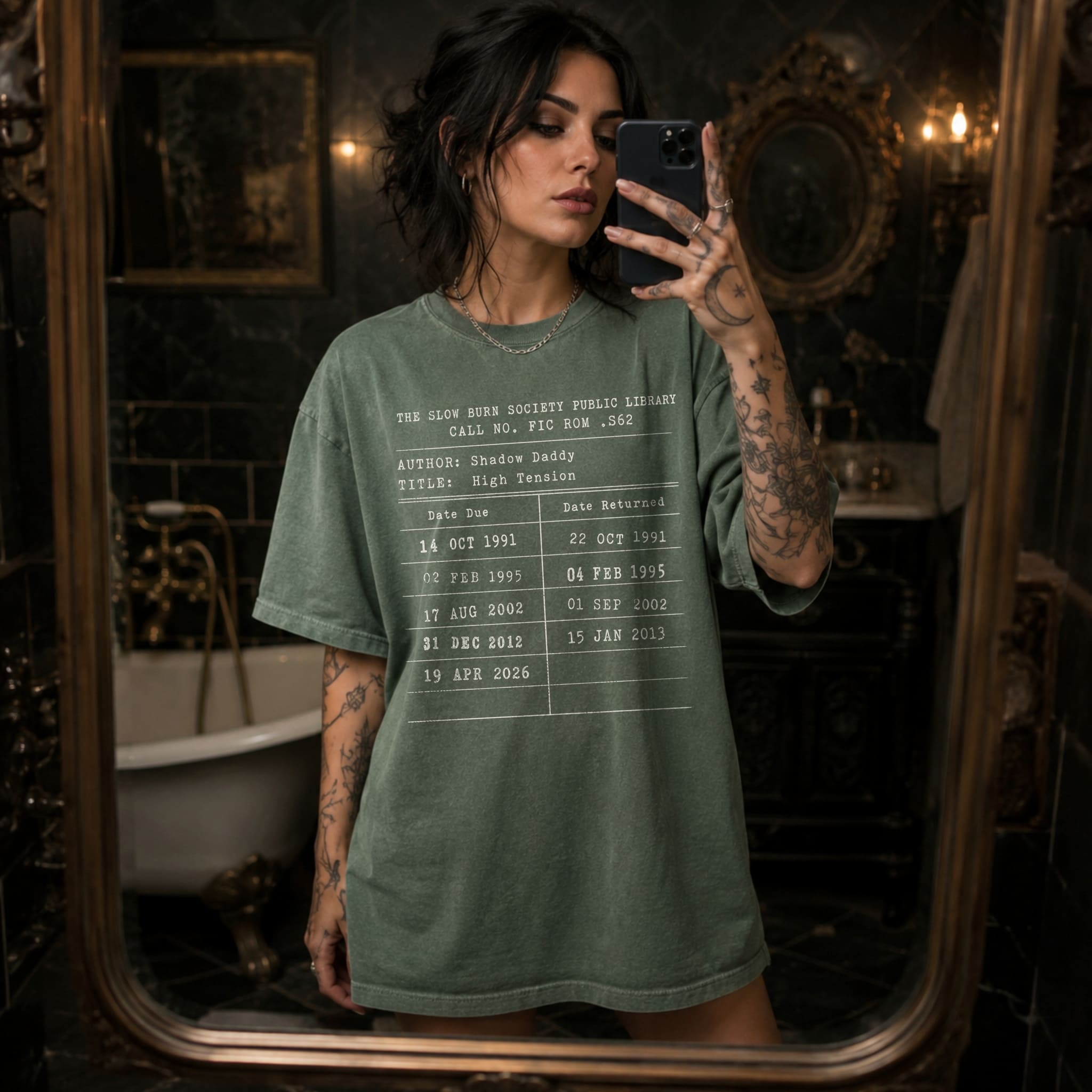 Moss Comfort Colors 1717 relaxed fit tee with Slow Burn Society Public Library card dark romance bookish graphic