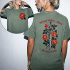 Comfort Colors 1717 Moss relaxed fit tee with painterly red rose pocket print on front and ornate sword wrapped in roses with red gothic text 'Through Thorns + Ashes We Will Bloom' on back