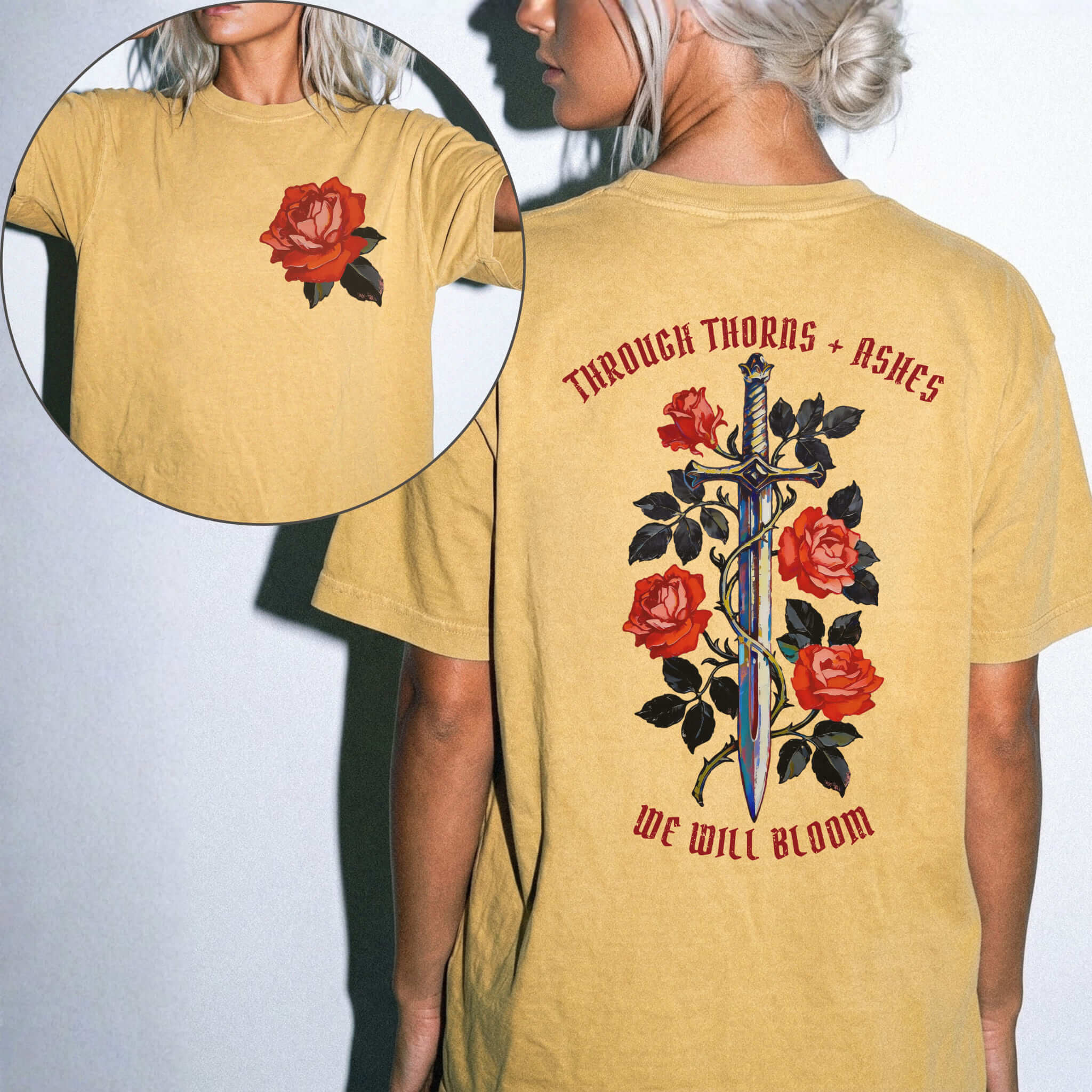 Comfort Colors 1717 Mustard relaxed fit tee with painterly red rose pocket print on front and ornate sword wrapped in roses with red gothic text 'Through Thorns + Ashes We Will Bloom' on back