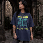 Navy color Comfort Colors 1717 relaxed fit t-shirt with Y2K retro doodle graphic — hands holding an open book titled "A Court of Knives, Red Flags, and Emotional Damage" with the text "Good Girls Read Books" above and below