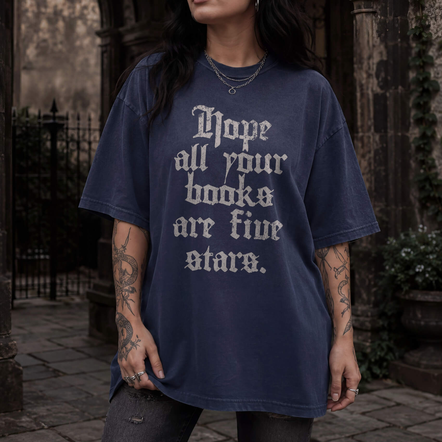 Hope All Your Books Are Five Stars Tee in Navy – vintage gothic lettering Comfort Colors graphic tee for book lovers and dark romance readers.