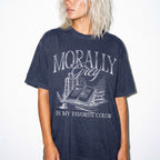 Morally Grey Is My Favorite Color dark academia design on a navy color tee from Comfort Colors with vintage stacked books and quill graphic.