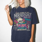 Morally Grey Book Club dark romance bookish tee in Navy color by Comfort Colors, featuring skull, roses, and stacked books graphic with enemies to lovers and trigger warnings text.