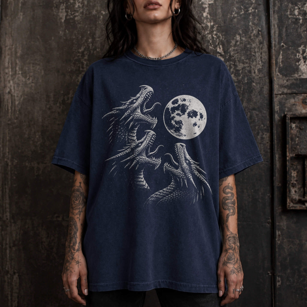 Three Dragons Howling at the Moon Tee in Navy – vintage-style Comfort Colors graphic tee for fantasy and romantasy readers