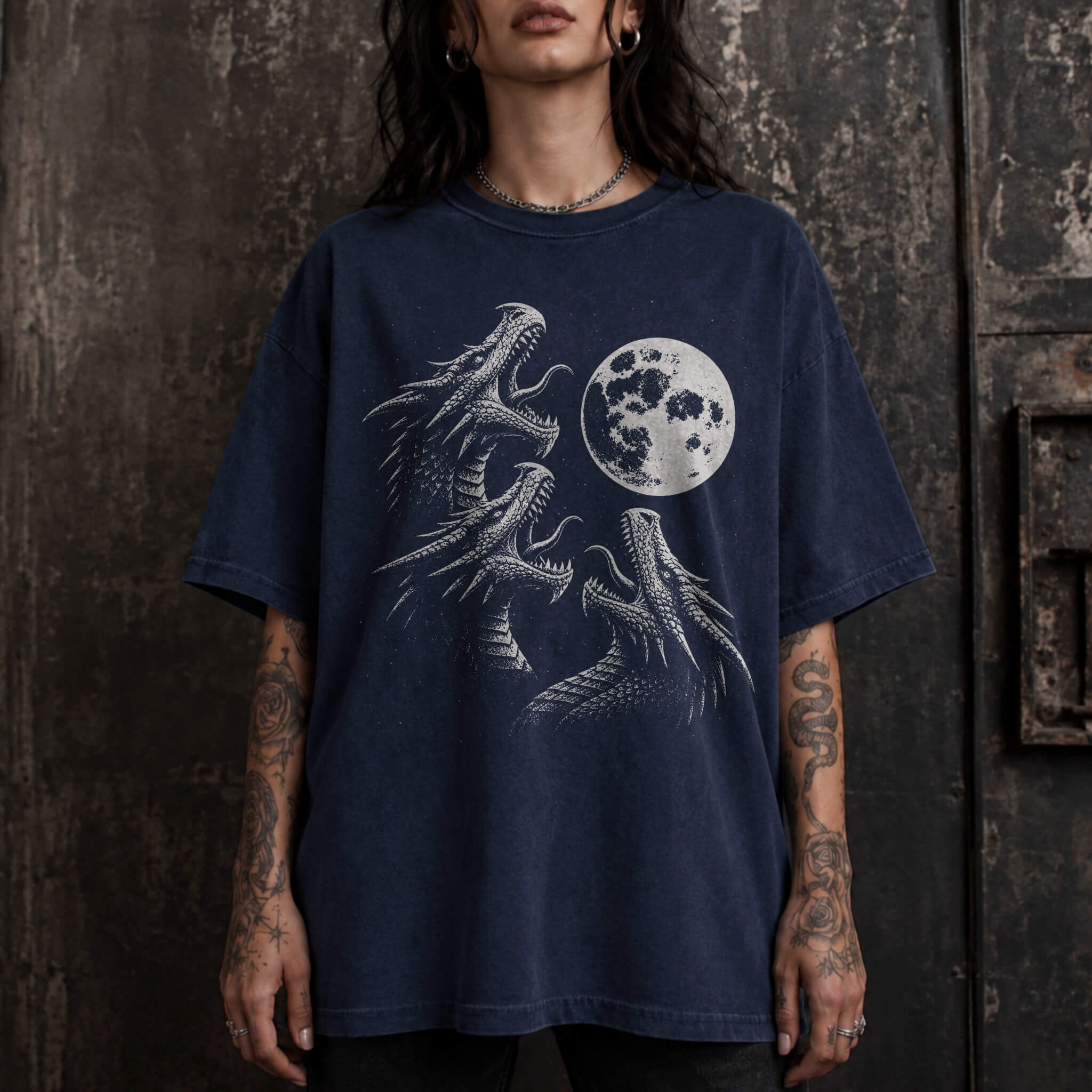 Three Dragons Howling at the Moon Tee in Navy – vintage-style Comfort Colors graphic tee for fantasy and romantasy readers