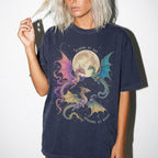 Navy Comfort Colors 1717 relaxed fit tee with colorful dragon moon riders by day readers by night romantasy graphic