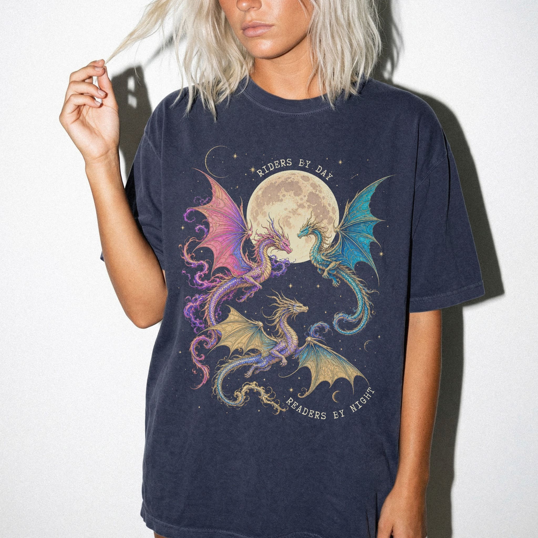 Navy Comfort Colors 1717 relaxed fit tee with colorful dragon moon riders by day readers by night romantasy graphic