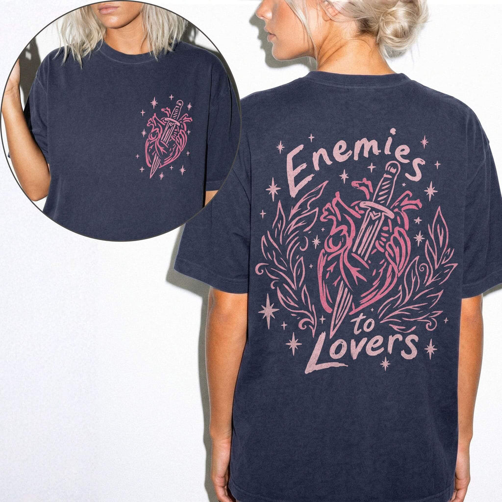 Navy Comfort Colors 1717 relaxed fit tee with enemies to lovers heart and dagger graphic on front chest and back