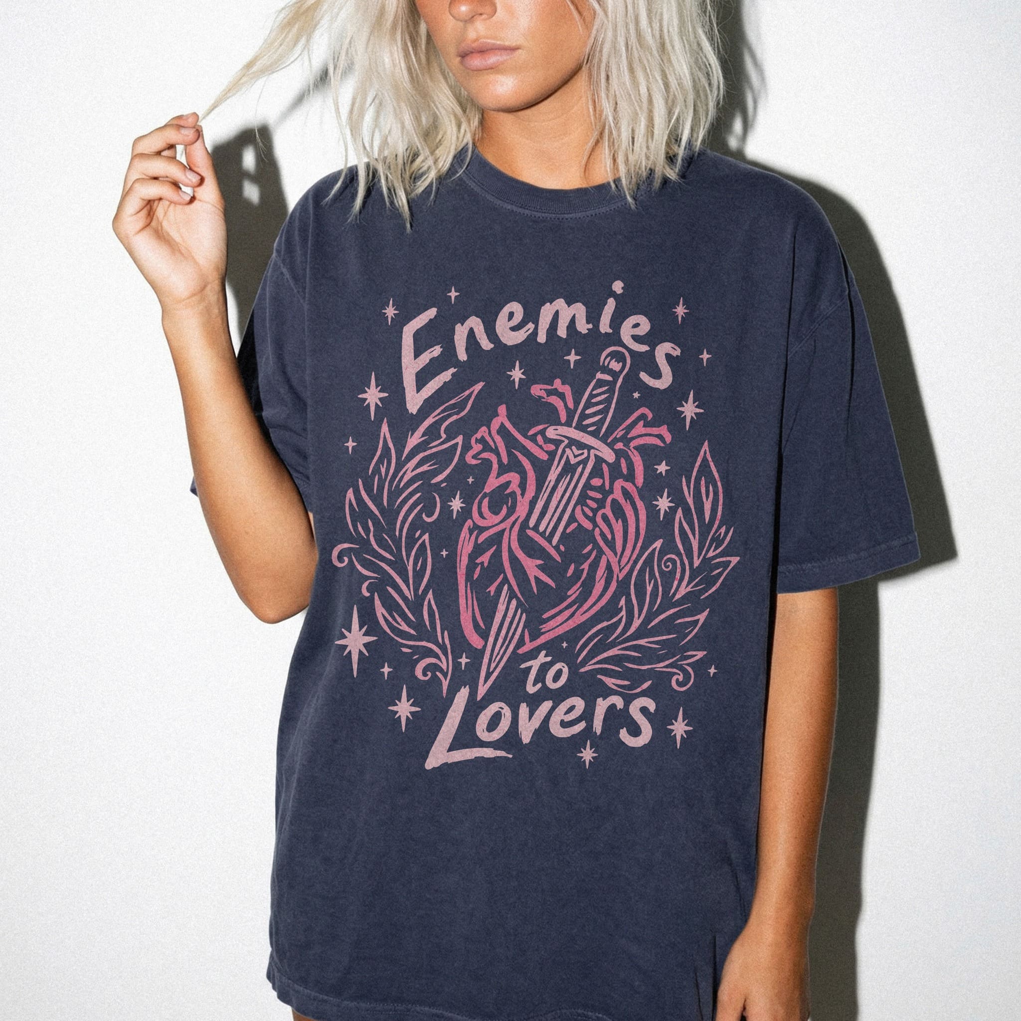 Navy Comfort Colors 1717 relaxed fit tee with enemies to lovers heart and dagger front graphic