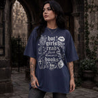 Hot Girls Read Dark Romance Books relaxed fit graphic tee in Navy with gothic tattoo-style skull, snake, lips, and dagger print - Novelspun Apparel