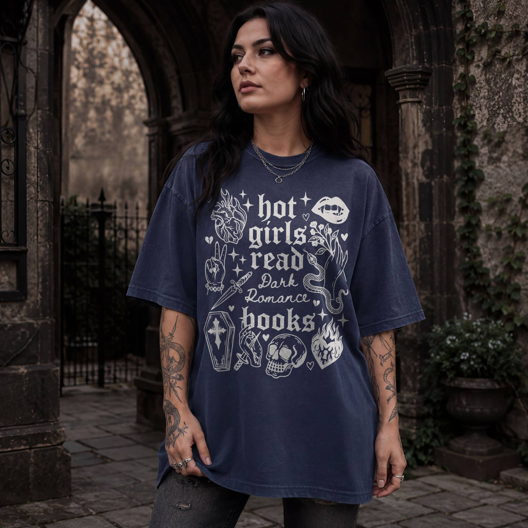 Hot Girls Read Dark Romance Books relaxed fit graphic tee in Navy with gothic tattoo-style skull, snake, lips, and dagger print - Novelspun Apparel