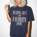 Reading Smut Is My Favorite Sport Tee in Navy – vintage-style Comfort Colors graphic tee for dark romance and romantasy readers