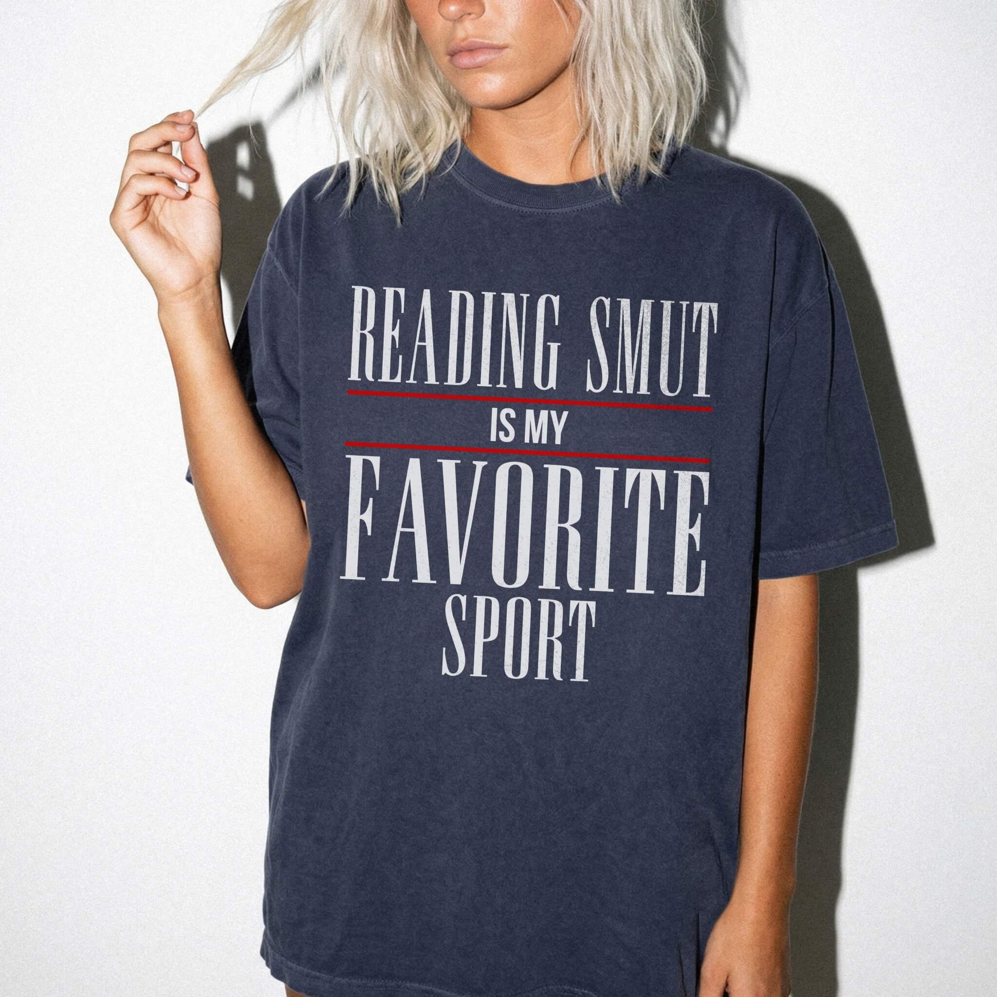 Reading Smut Is My Favorite Sport Tee in Navy – vintage-style Comfort Colors graphic tee for dark romance and romantasy readers