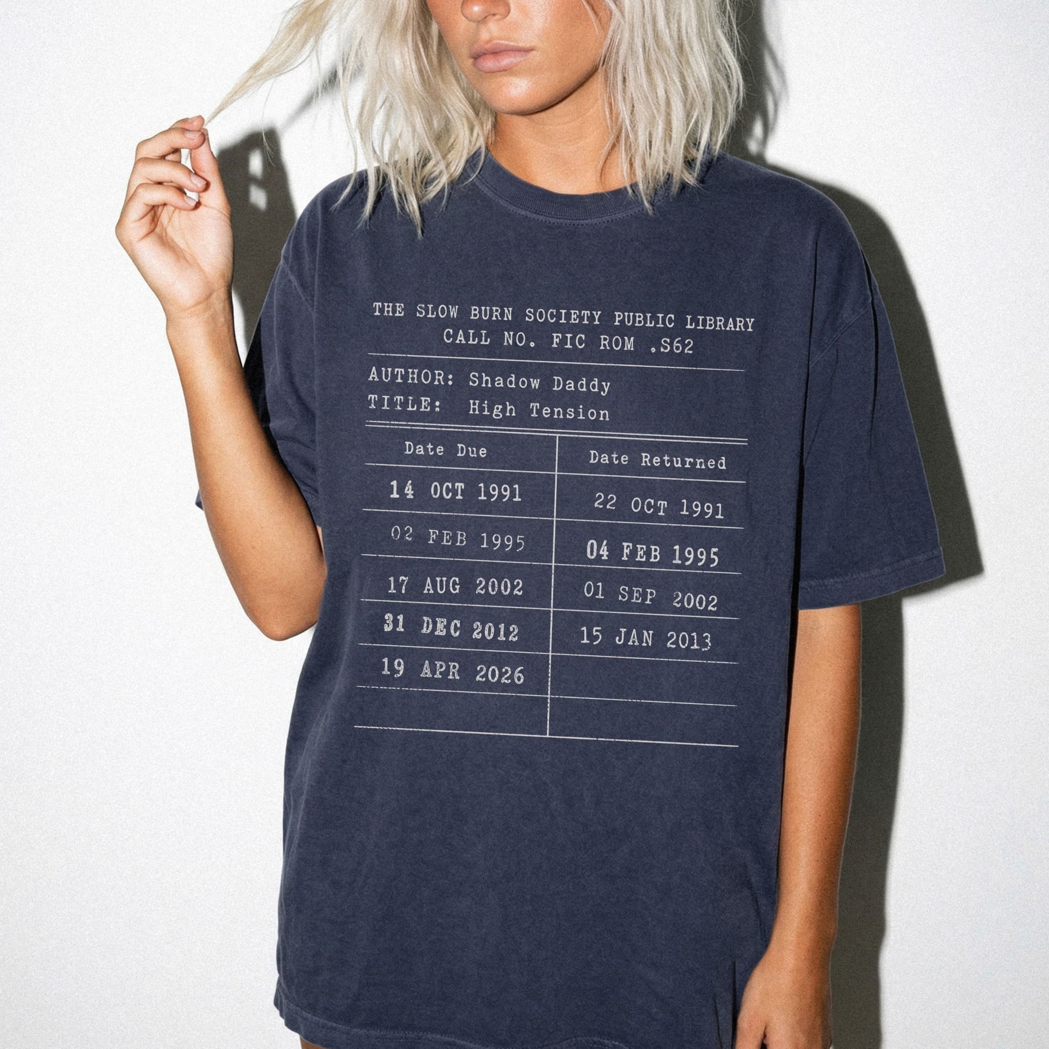 Navy Comfort Colors 1717 relaxed fit tee with Slow Burn Society Public Library card dark romance bookish graphic