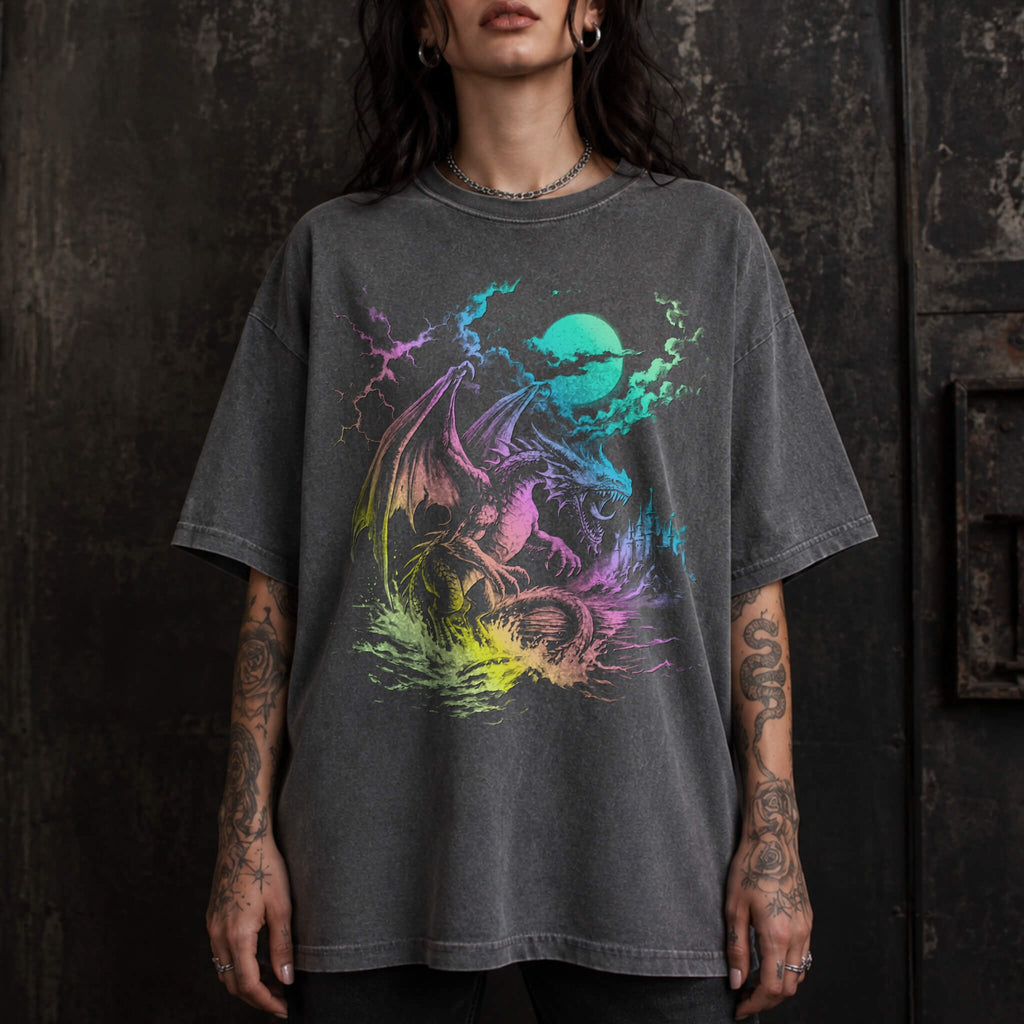 Dragon Moonlight retro 90s fantasy romantasy tee in pepper color Comfort Colors, featuring neon-inspired synthwave dragon graphic with moonlit castle and lightning.