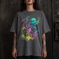 Dragon Moonlight retro 90s fantasy romantasy tee in pepper color Comfort Colors, featuring neon-inspired synthwave dragon graphic with moonlit castle and lightning.