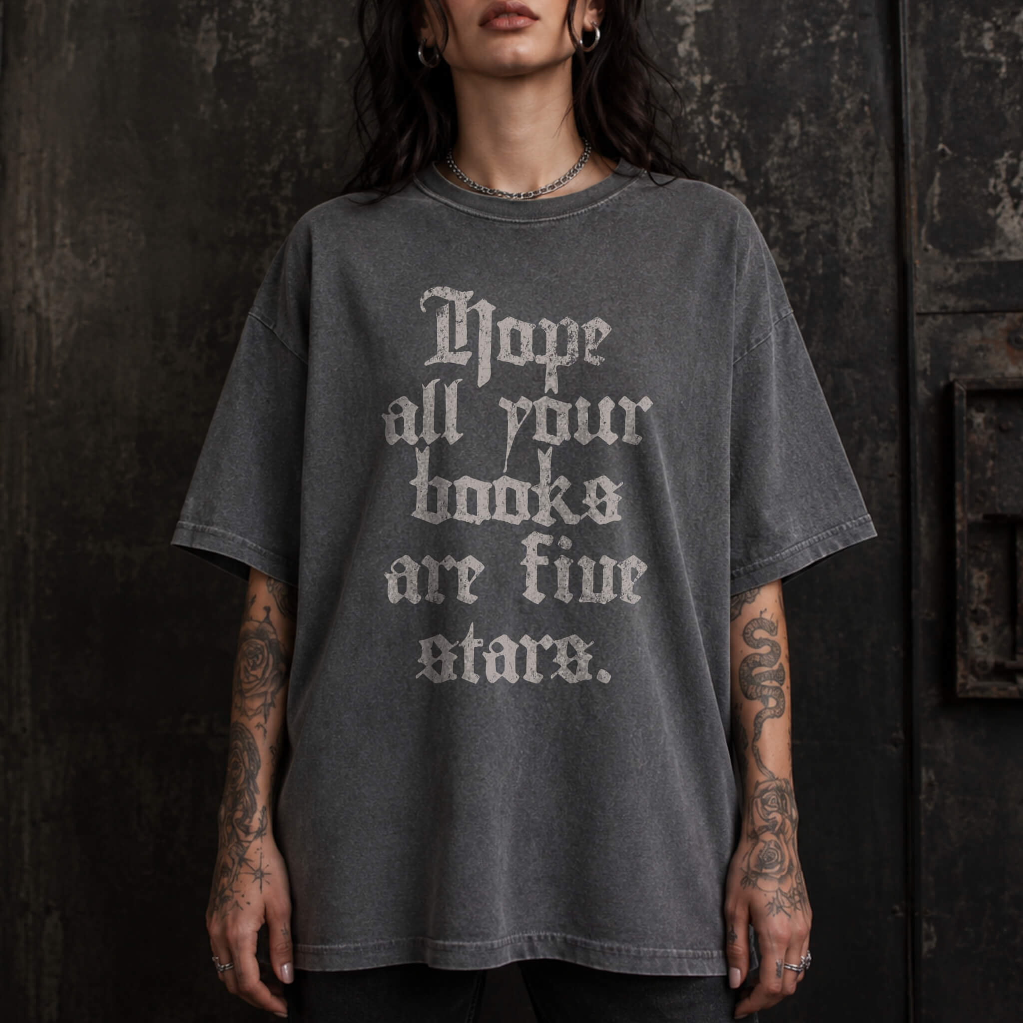 Hope All Your Books Are Five Stars Tee in Pepper – vintage gothic lettering Comfort Colors graphic tee for book lovers and dark romance readers.