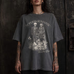 Hopeless Romantic Readers Club Tee in Pepper – vintage-style Comfort Colors graphic tee for dark romance readers. Graphic features a skeleton couple on their wedding day.