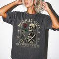 Pepper color Comfort Colors 1717 relaxed fit t-shirt with dark romance graphic — a skeleton holding a red rose beneath an arch with the text "Morally Grey — My Favorite Color" and the tagline "He is mean to everyone except me"
