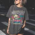 Morally Grey Book Club dark romance bookish tee in pepper color by Comfort Colors, featuring skull, roses, and stacked books graphic with enemies to lovers and trigger warnings text.