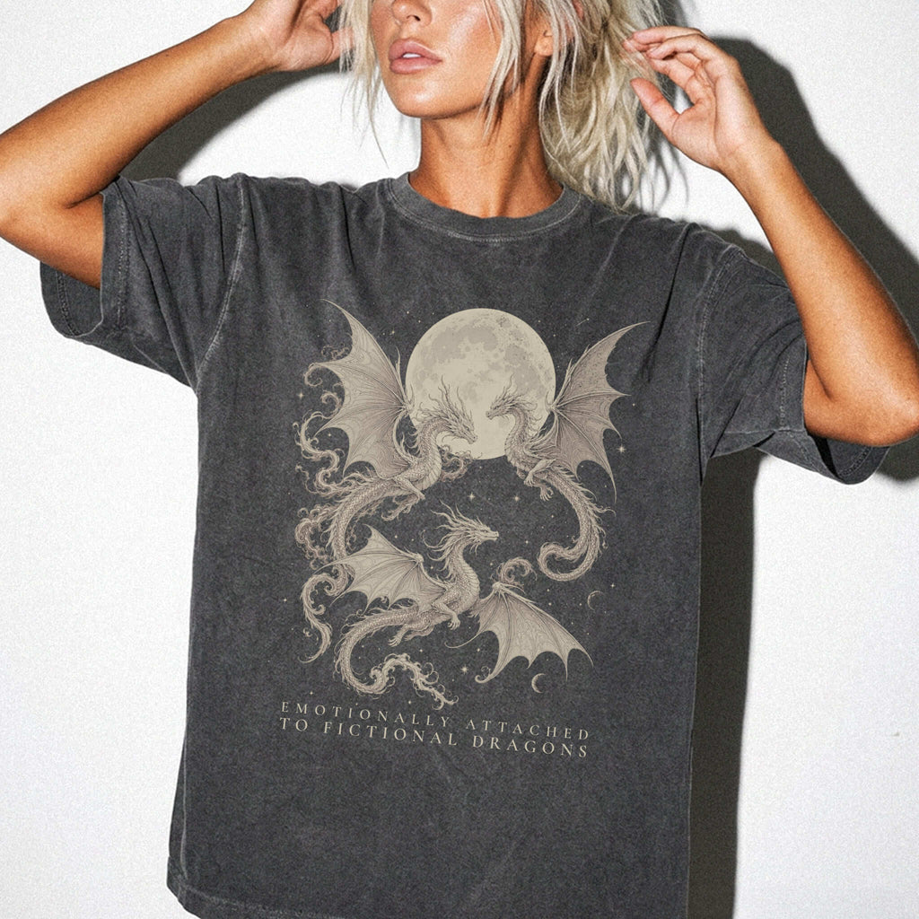 Pepper Comfort Colors 1717 relaxed fit tee with dragons and moon emotionally attached to fictional dragons romantasy graphic — front