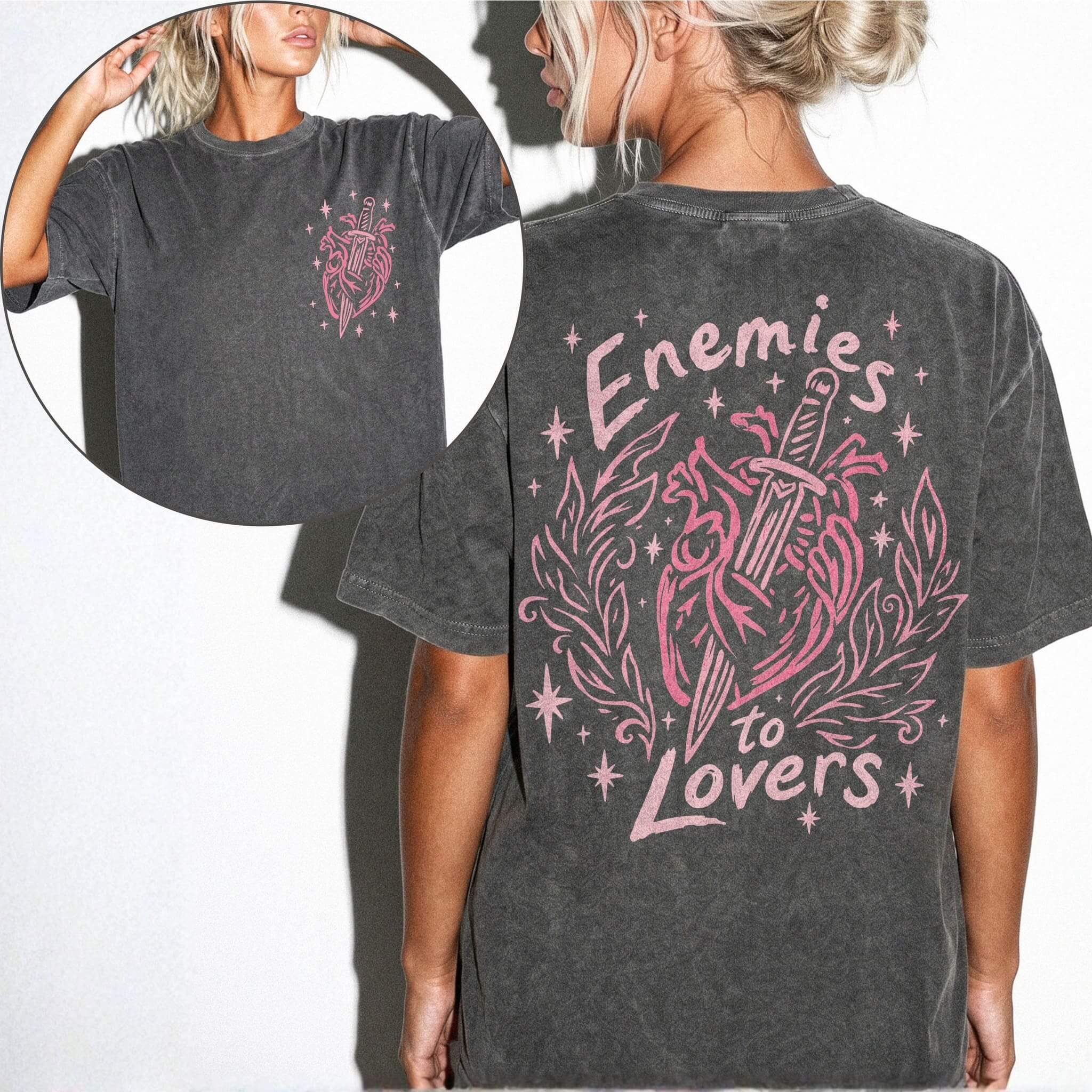 Pepper Comfort Colors 1717 relaxed fit tee with enemies to lovers heart and dagger graphic on front chest and back