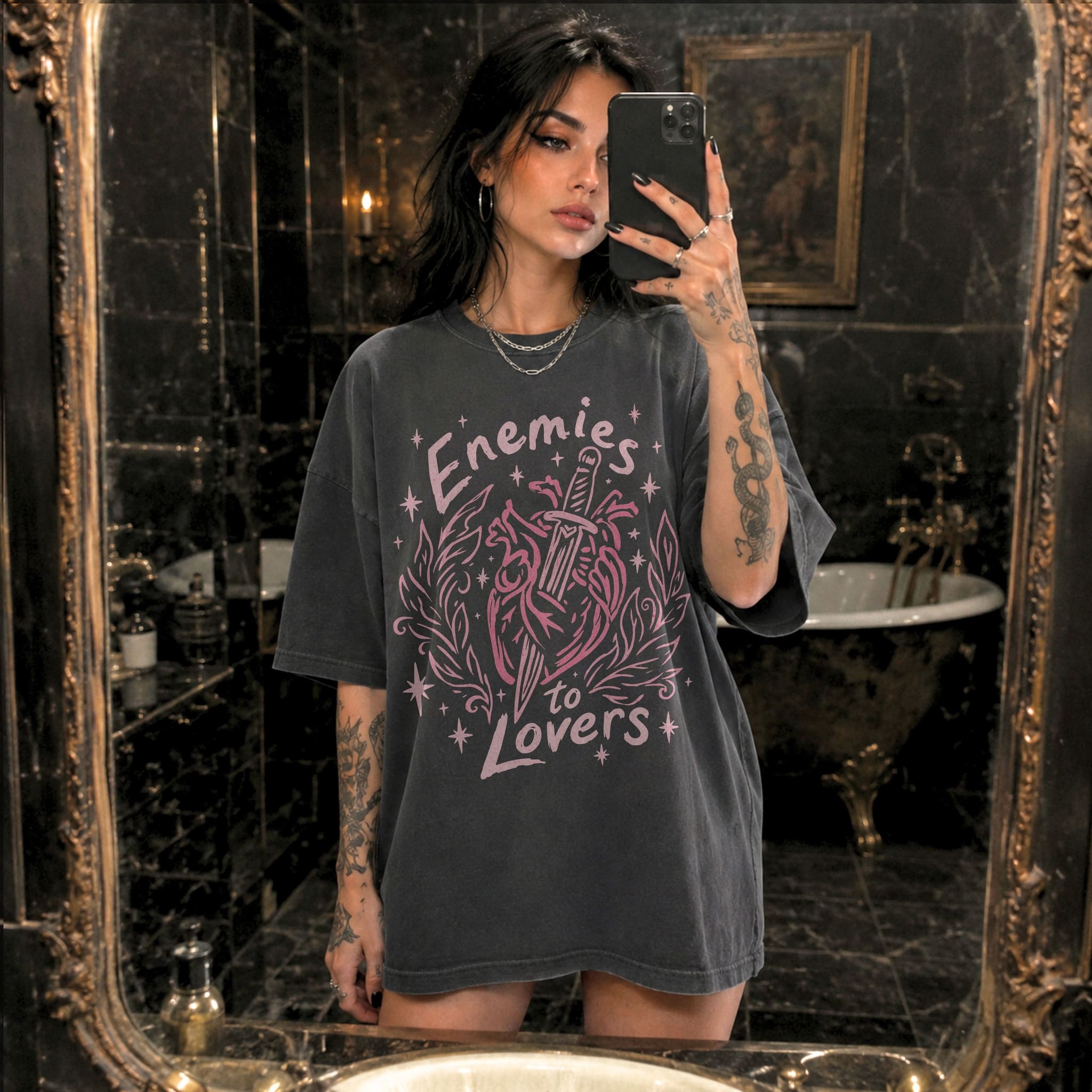 Pepper Comfort Colors 1717 relaxed fit tee with enemies to lovers heart and dagger front graphic