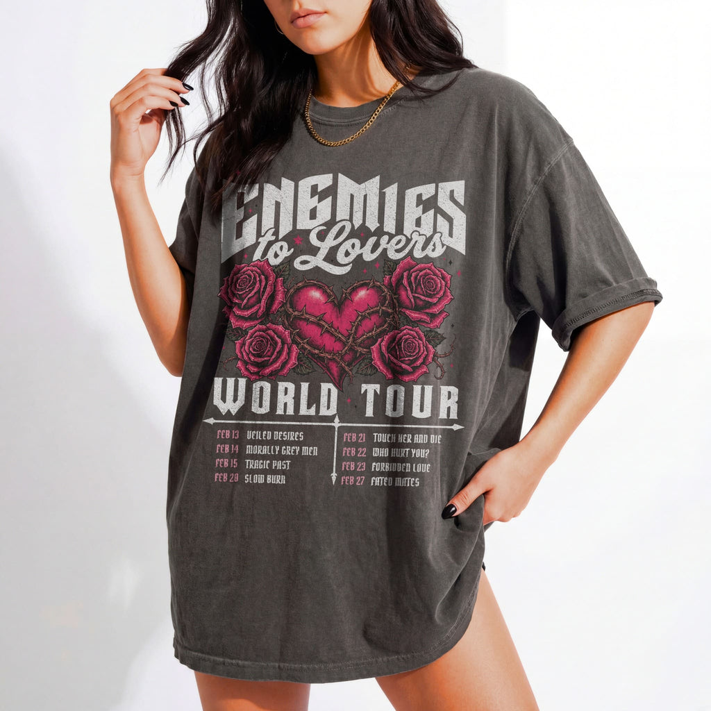 Pepper Comfort Colors 1717 relaxed fit tee with Enemies to Lovers World Tour heart and roses dark romance graphic — front