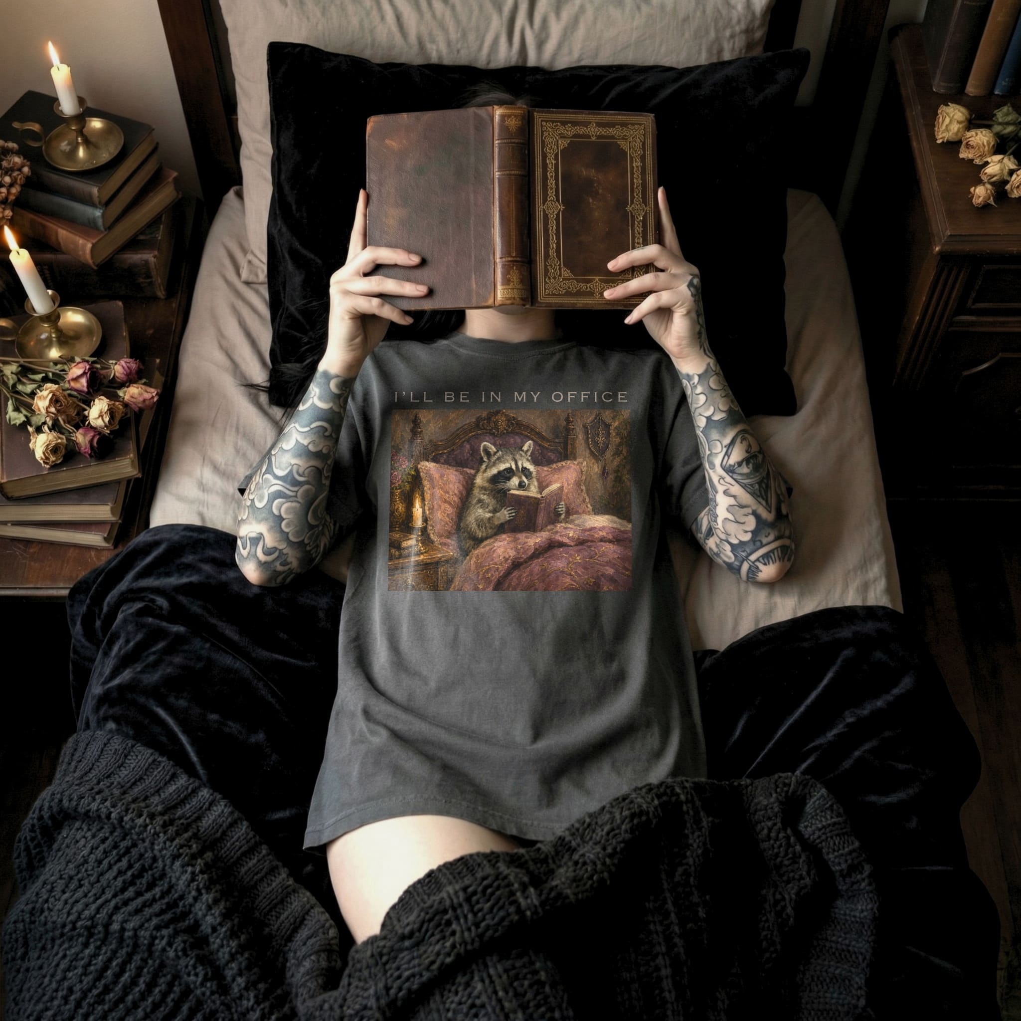 Pepper Comfort Colors 1717 relaxed fit tee with oil painting style raccoon reading in elegant bedroom and I'll Be In My Office text
