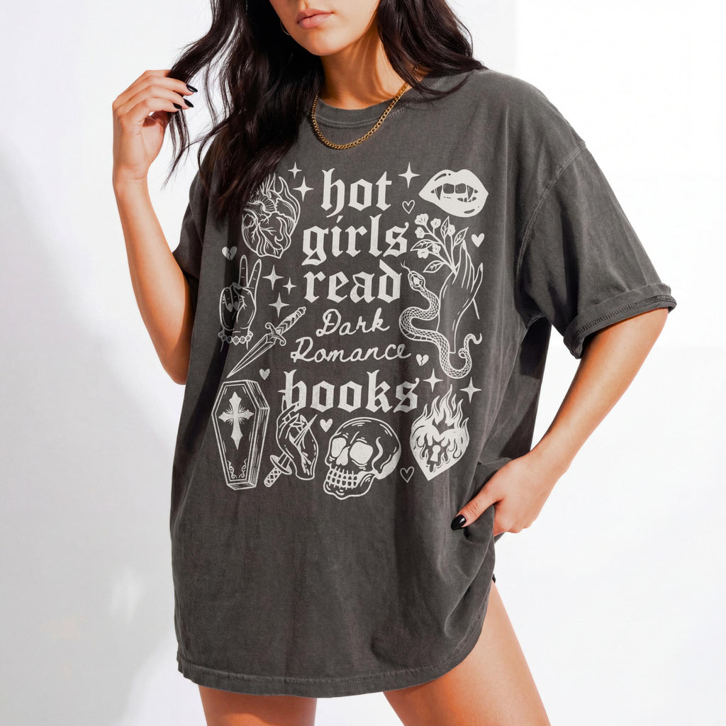 Hot Girls Read Dark Romance Books relaxed fit graphic tee in Pepper with gothic tattoo-style skull, snake, lips, and dagger print - Novelspun Apparel