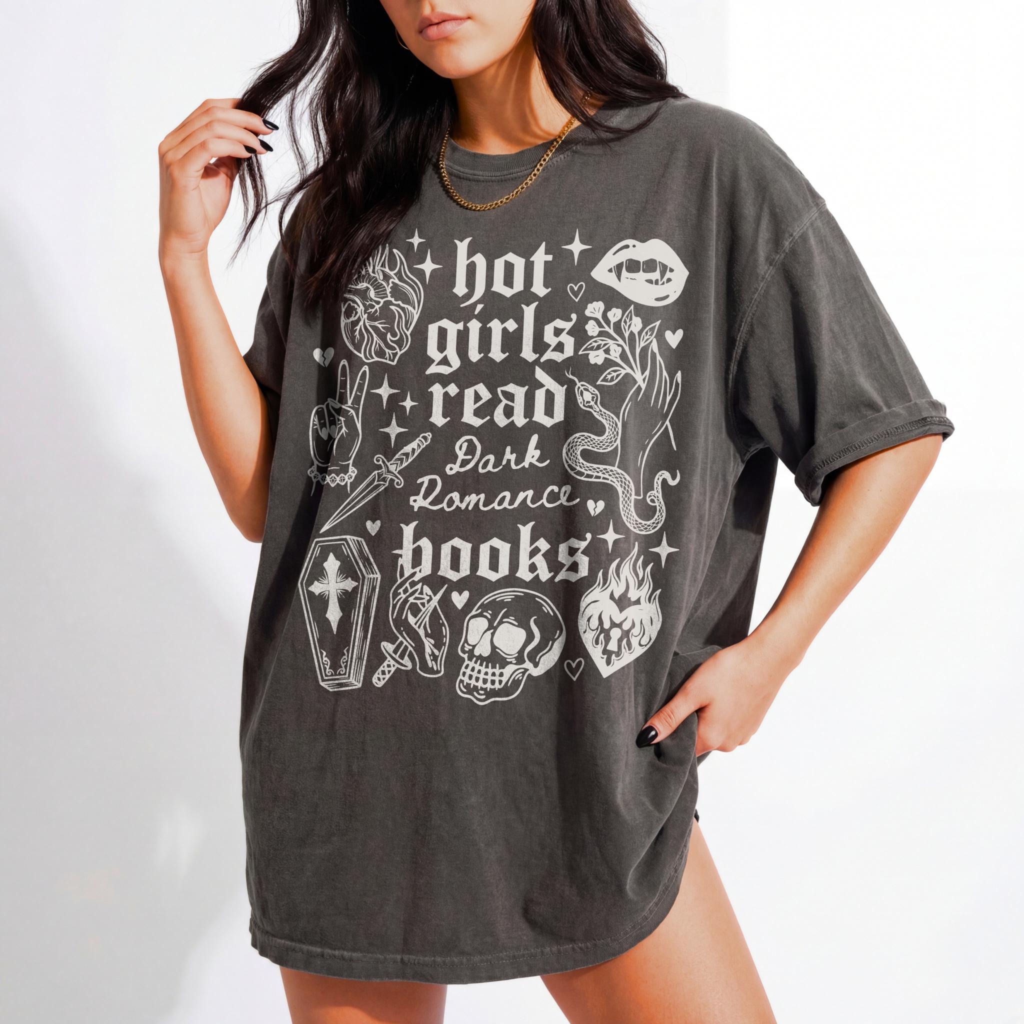 Hot Girls Read Dark Romance Books relaxed fit graphic tee in Pepper with gothic tattoo-style skull, snake, lips, and dagger print - Novelspun Apparel